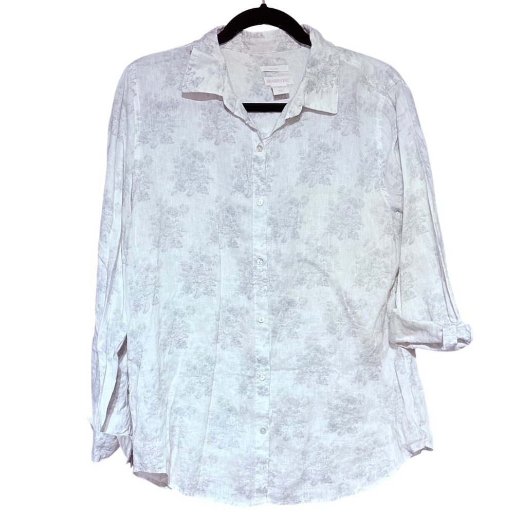 Shabby Chic Linen Button Down Women L Floral White Gray Long Sleeve Top